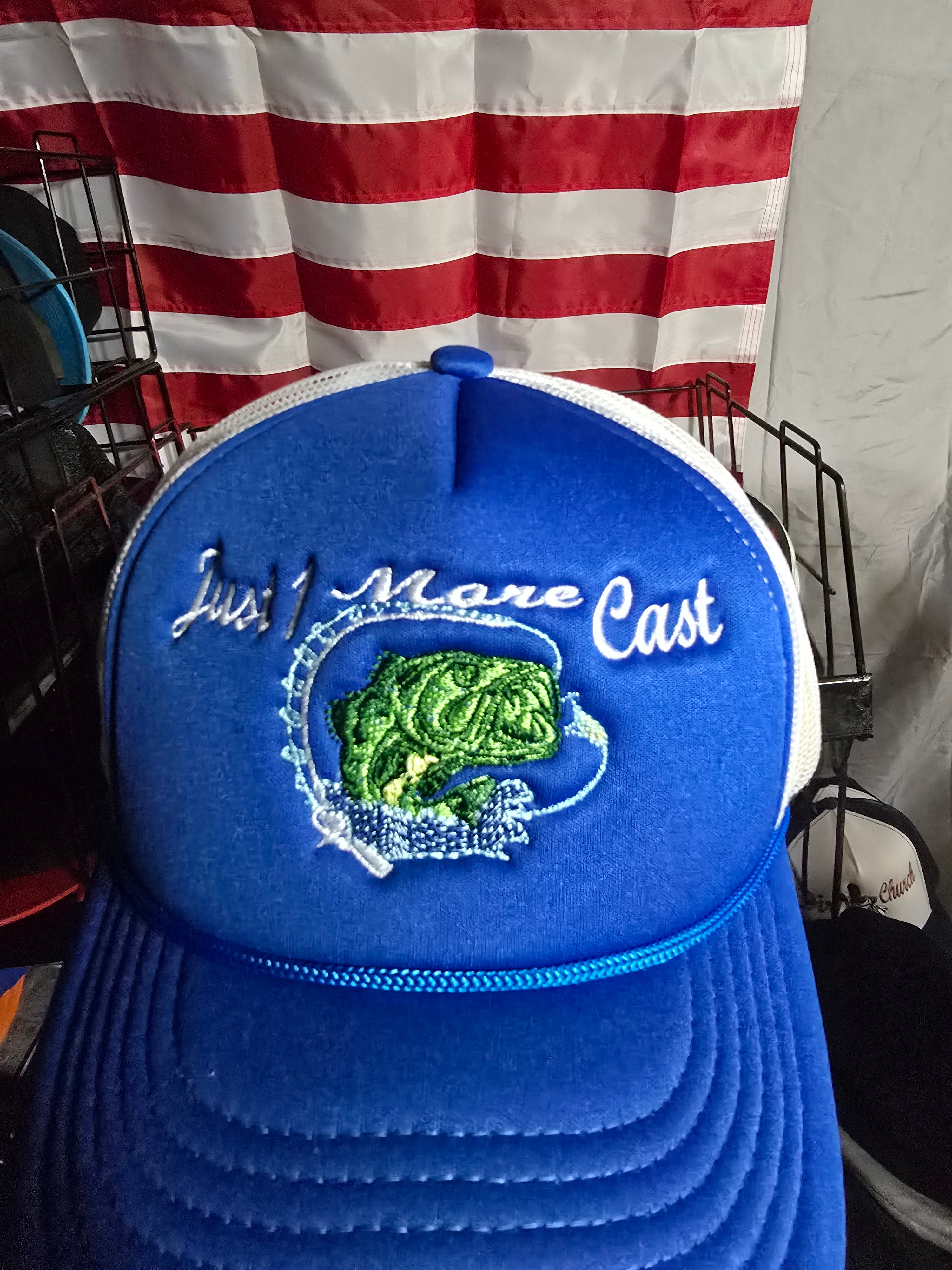 hat with just 1 more cast logo and fish
